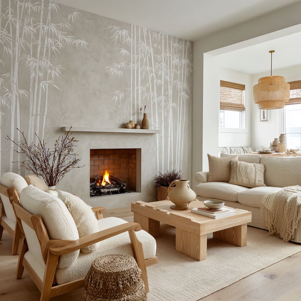 Pale bamboo mural on a warm grey plaster wall and classic firebox for cozy cream on cream calm, made interesting by texture hierarchy