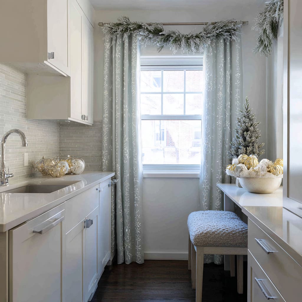 Pale blue-grey curtains patterned with fine white branches pair with a snowy garland, a small decorated tree, gold ornaments Pale blue-grey curtains patterned with fine white branches pair with a snowy garland, a small decorated tree, gold ornaments