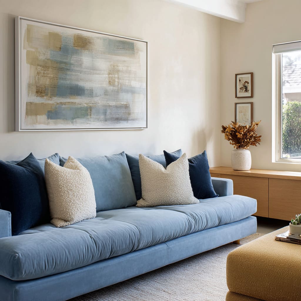 Pale blue sofa framed by deep navy end cushions and plush cream textured pillows, leaving the center open and calm Pale blue sofa framed by deep navy end cushions and plush cream textured pillows, leaving the center open and calm
