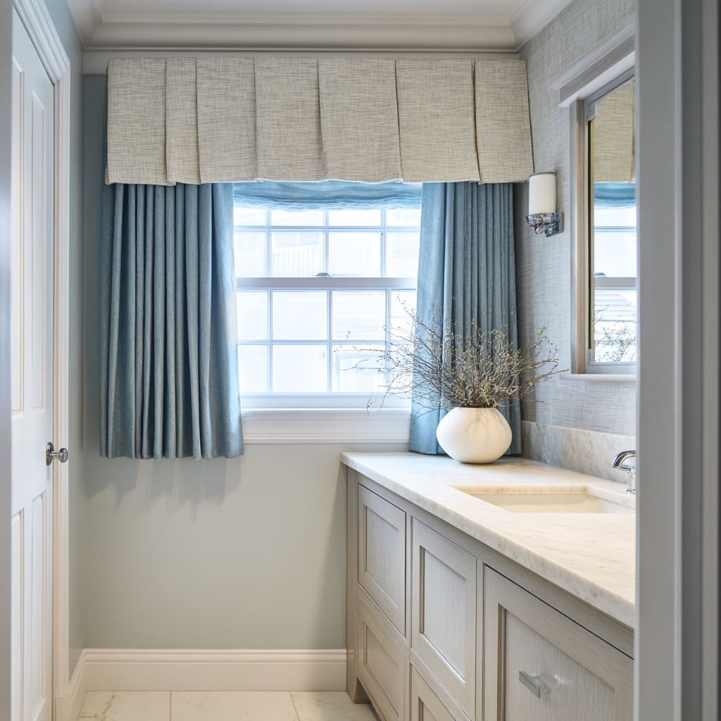 Valentina pálida plisada en caja sobre estor romano azul y cortinas azules en un baño azul frío con tocador de madera Valentina pálida plisada en caja sobre estor romano azul y cortinas azules en un baño azul frío con tocador de madera