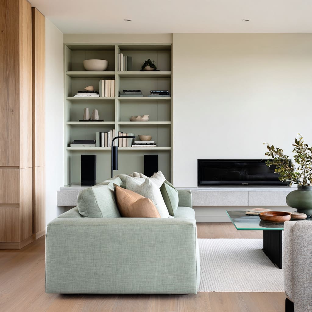 Pale eucalyptus-green sofa in a calm, minimal living room design that shows how soft green can stay clean, modern, and not grey-muddy Pale eucalyptus-green sofa in a calm, minimal living room design that shows how soft green can stay clean, modern, and not grey-muddy