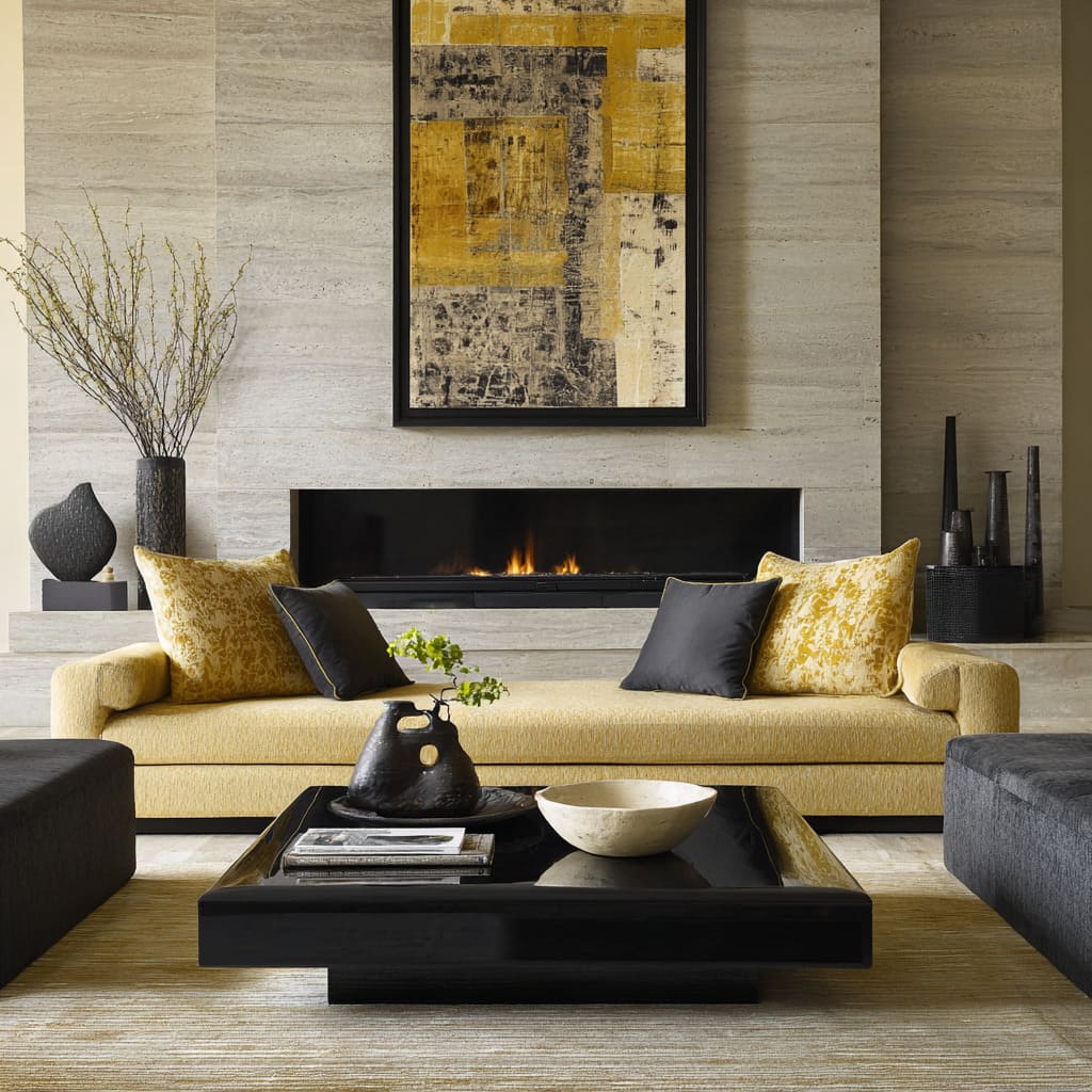Pale gold sofa with charcoal pillows and black fireplace cut with large yellow-black artwork Pale gold sofa with charcoal pillows and black fireplace cut with large yellow-black artwork