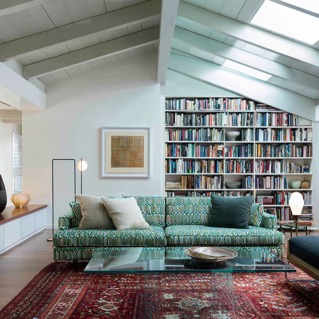Patterned green sofa with a vaulted ceiling and a red vintage rug that shows how to use risky pairings without making green feel seasonal Patterned green sofa with a vaulted ceiling and a red vintage rug that shows how to use risky pairings without making green feel seasonal