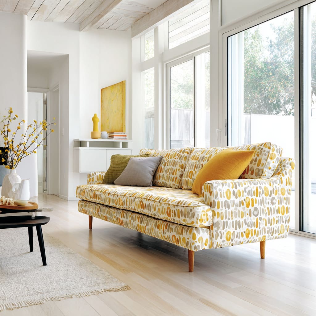 Patterned yellow sofa in a white, sun-washed living room design that the color feels light, not loud solution Patterned yellow sofa in a white, sun-washed living room design that the color feels light, not loud solution