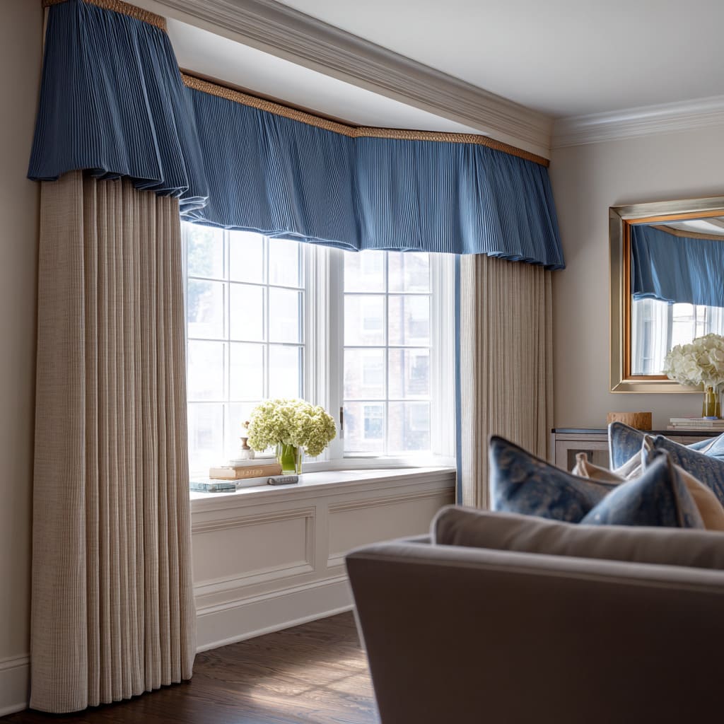 Pleated blue valance with golden trim floating above soft neutral drapery Pleated blue valance with golden trim floating above soft neutral drapery