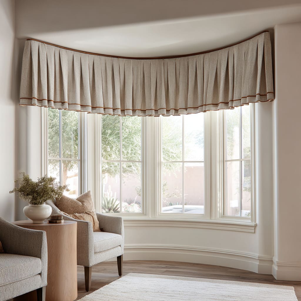 Pleated sweep with leather-like trim around a curved bay Pleated sweep with leather-like trim around a curved bay