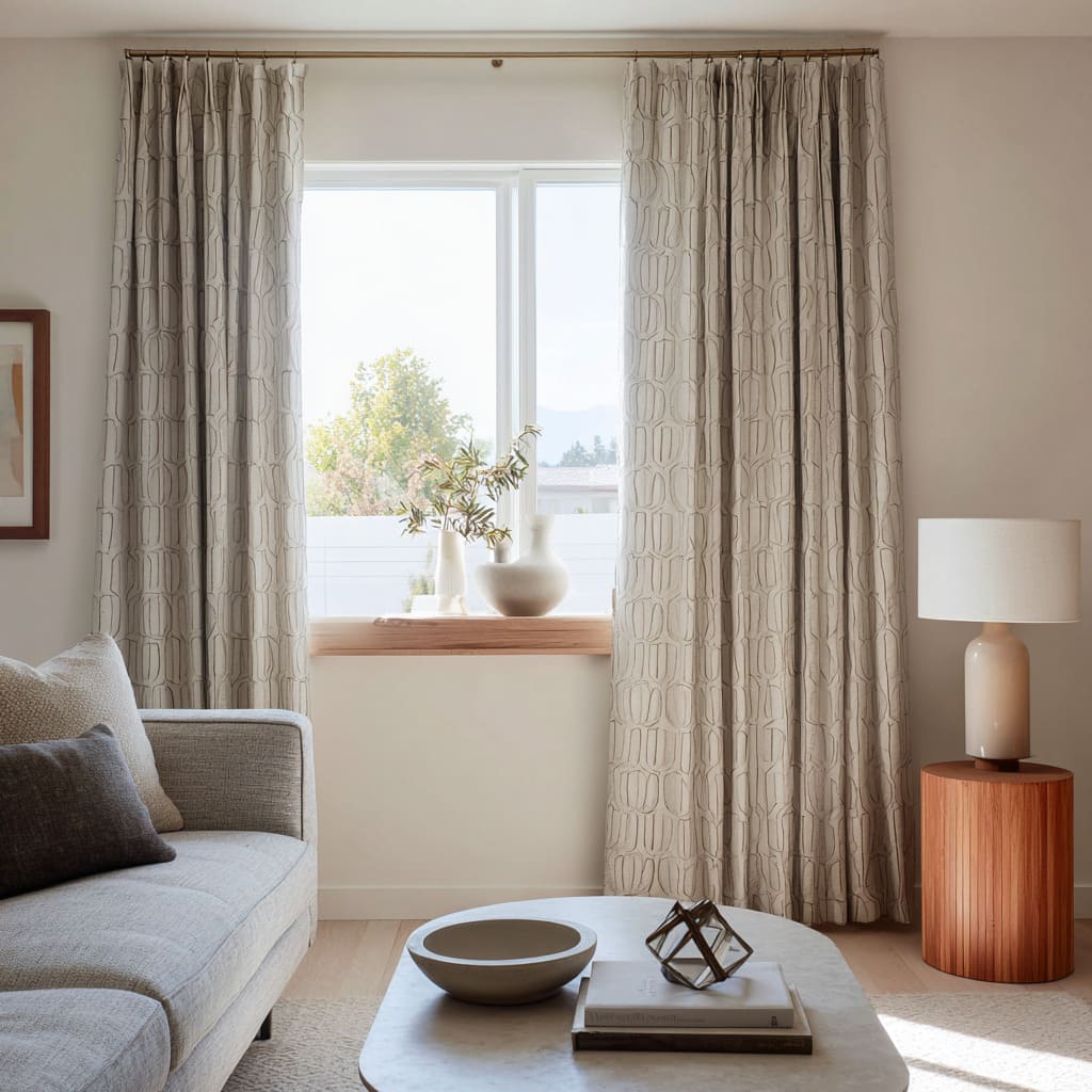 Cortinas tono masilla con textura de óvalos en relieve que aportan un fondo neutro suave en un salón sereno Cortinas tono masilla con textura de óvalos en relieve que aportan un fondo neutro suave en un salón sereno