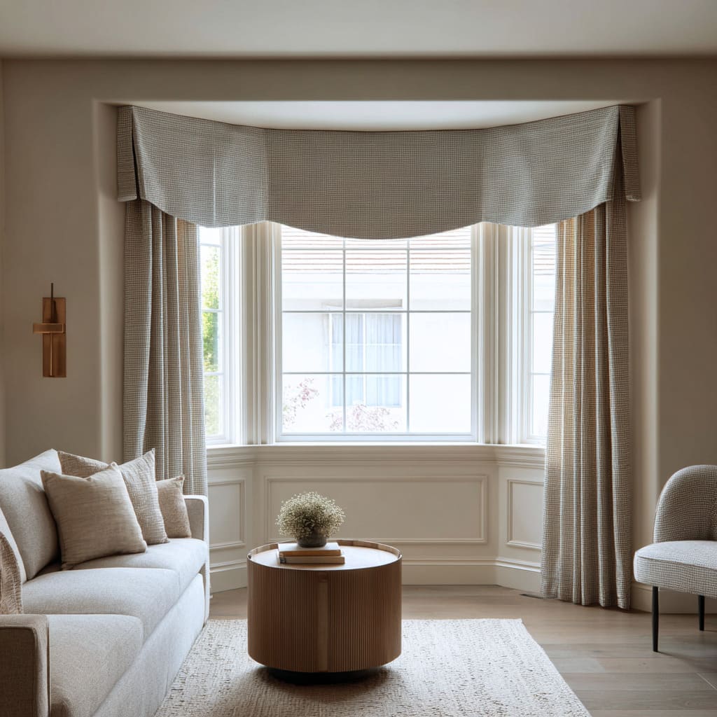 Relaxed check valance with a subtle dip, framing a calm sitting bay Relaxed check valance with a subtle dip, framing a calm sitting bay