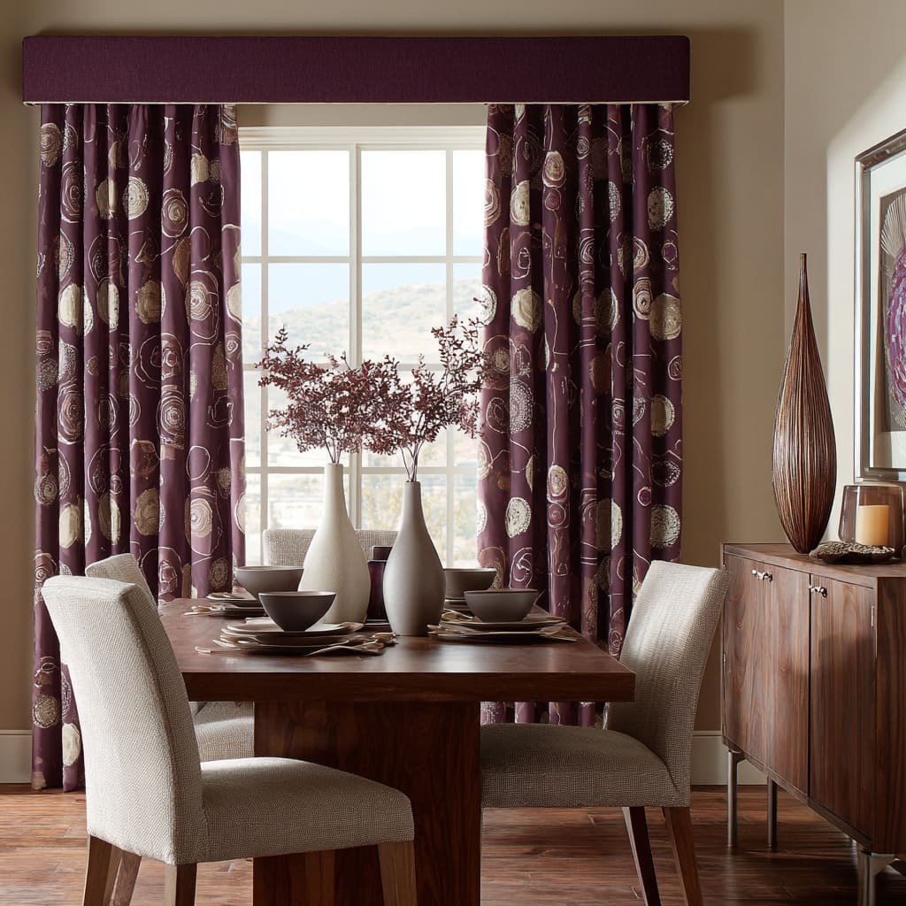 Cortinas en ciruela intensa para comedor con motivos circulares tipo órbita creando un fondo dramático Cortinas en ciruela intensa para comedor con motivos circulares tipo órbita creando un fondo dramático