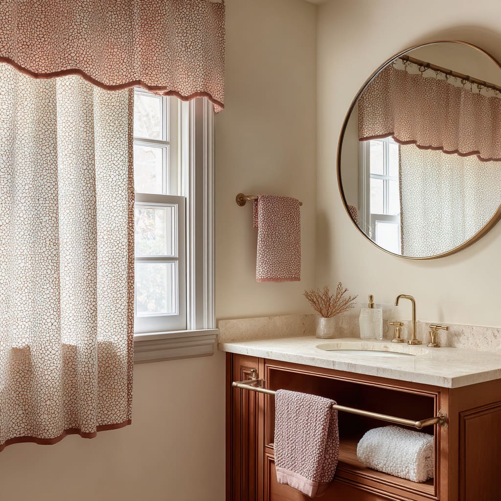 Valentina festoneada rosa con estampado de guijarros combinada con cortina larga a juego y toallas coordinadas en un baño cálido Valentina festoneada rosa con estampado de guijarros combinada con cortina larga a juego y toallas coordinadas en un baño cálido