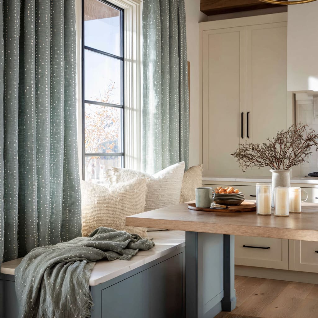 Sage-green curtains dotted like falling snow soften a cozy bench nook with chunky cream pillows, a draped matching throw Sage-green curtains dotted like falling snow soften a cozy bench nook with chunky cream pillows, a draped matching throw