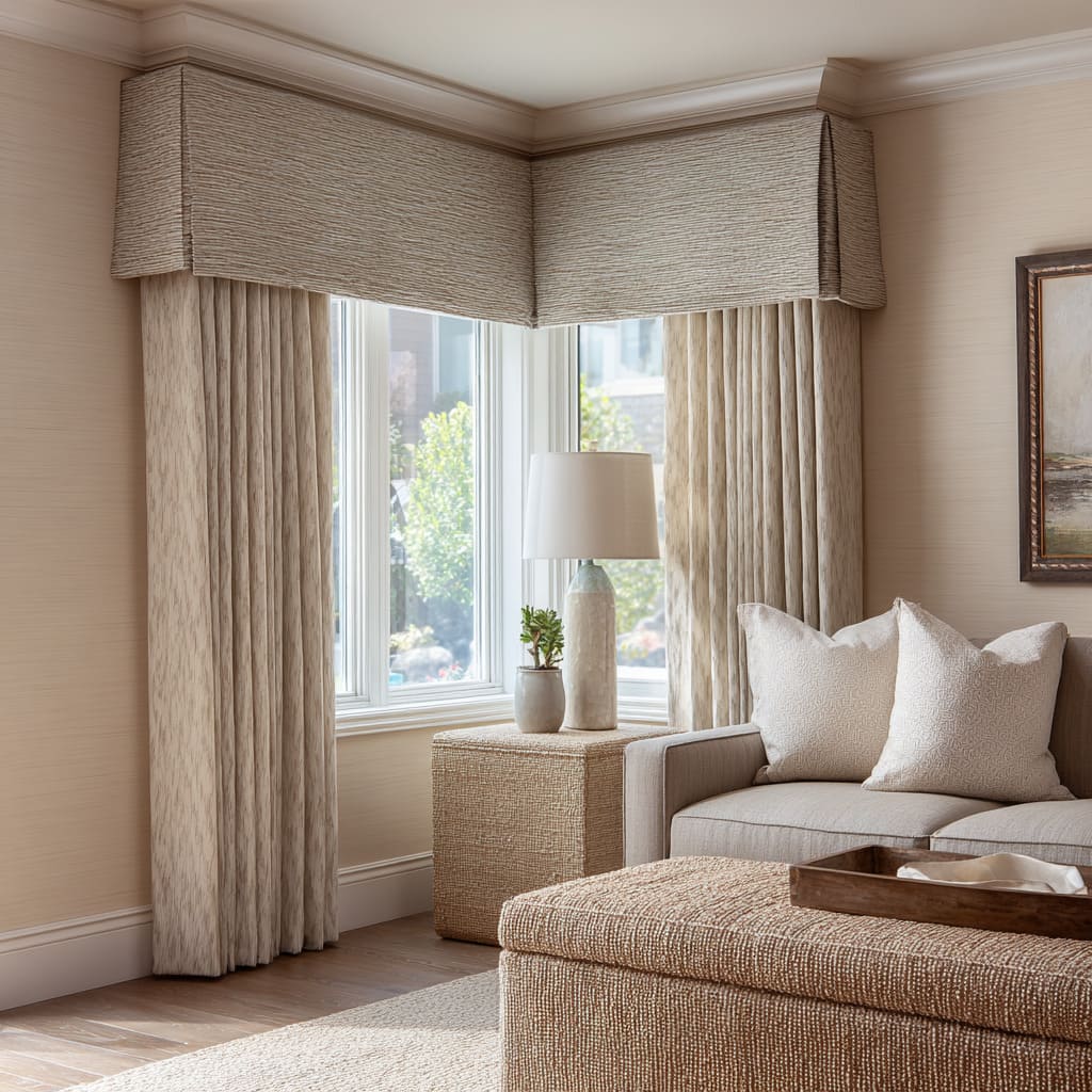 Scalloped bay valance with layered Roman shades forming a soft textile surround Scalloped bay valance with layered Roman shades forming a soft textile surround