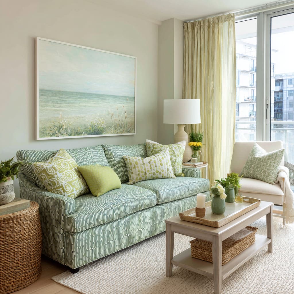 Seafoam-green patterned sofa in a coastal-style living room design that keeps light green fresh, not dusty, and not accidental Seafoam-green patterned sofa in a coastal-style living room design that keeps light green fresh, not dusty, and not accidental