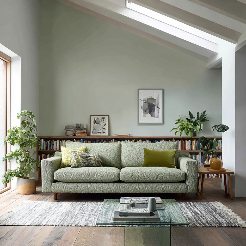 Seaweed-green textured sofa with a low book wall and soft sage walls Seaweed-green textured sofa with a low book wall and soft sage walls