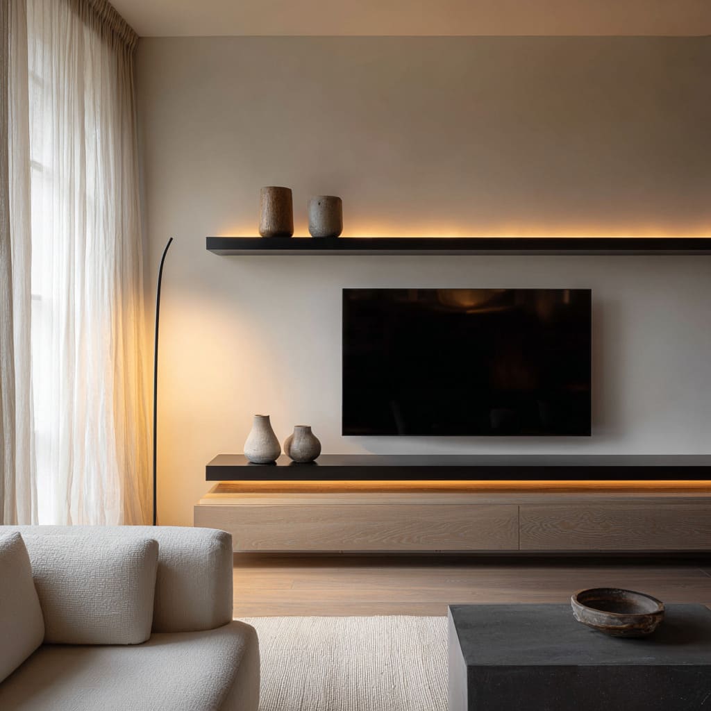 Simple TV wall with dark shelves, warm backlighting, a floating oak cabinet below, soft neutral curtains Simple TV wall with dark shelves, warm backlighting, a floating oak cabinet below, soft neutral curtains