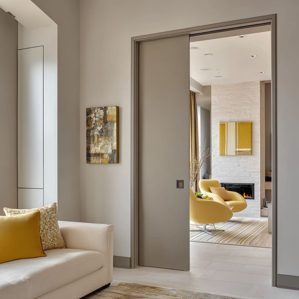 Simple design with a greige pocket door separating two yellow-accented rooms with coordinated soft furnishings Simple design with a greige pocket door separating two yellow-accented rooms with coordinated soft furnishings