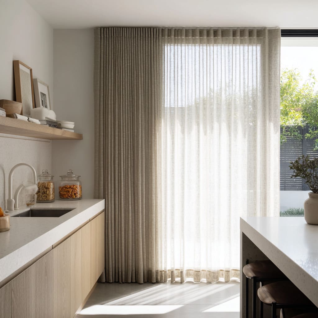 Single glowing sheer with one deep side stack on kitchen slider Single glowing sheer with one deep side stack on kitchen slider