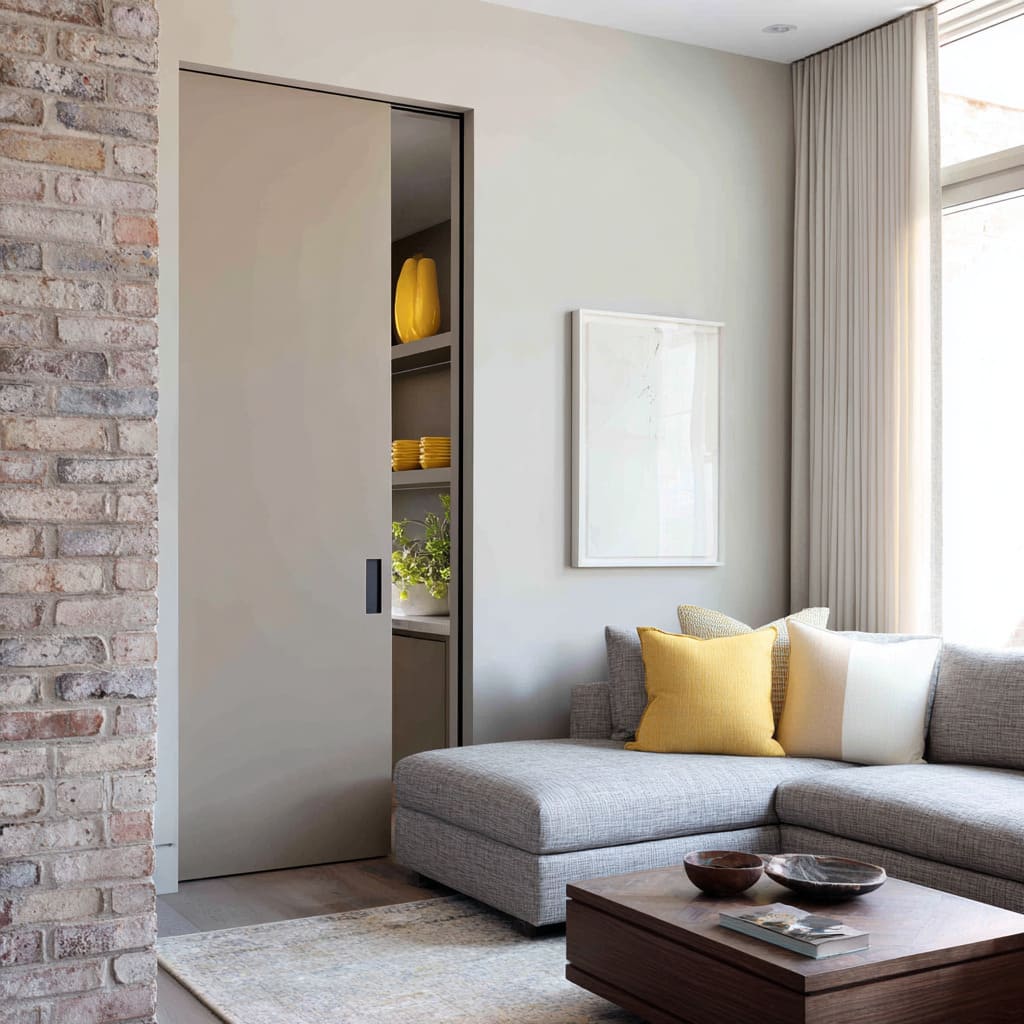 Slim gray pocket door concept hiding a yellow storage niche beside a muted modern living room Slim gray pocket door concept hiding a yellow storage niche beside a muted modern living room