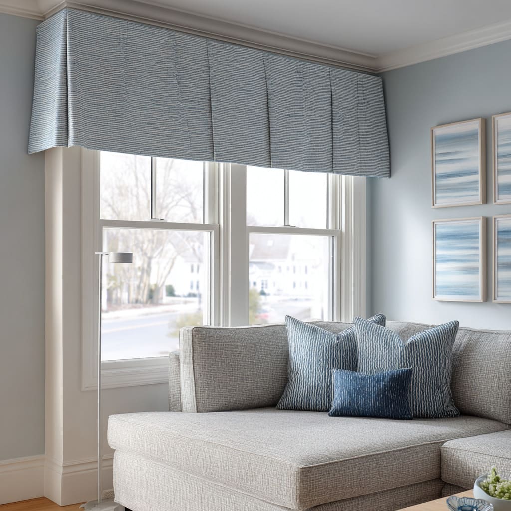 Slim sky-blue boxed cornice acting as a light upper band over exposed windows Slim sky-blue boxed cornice acting as a light upper band over exposed windows