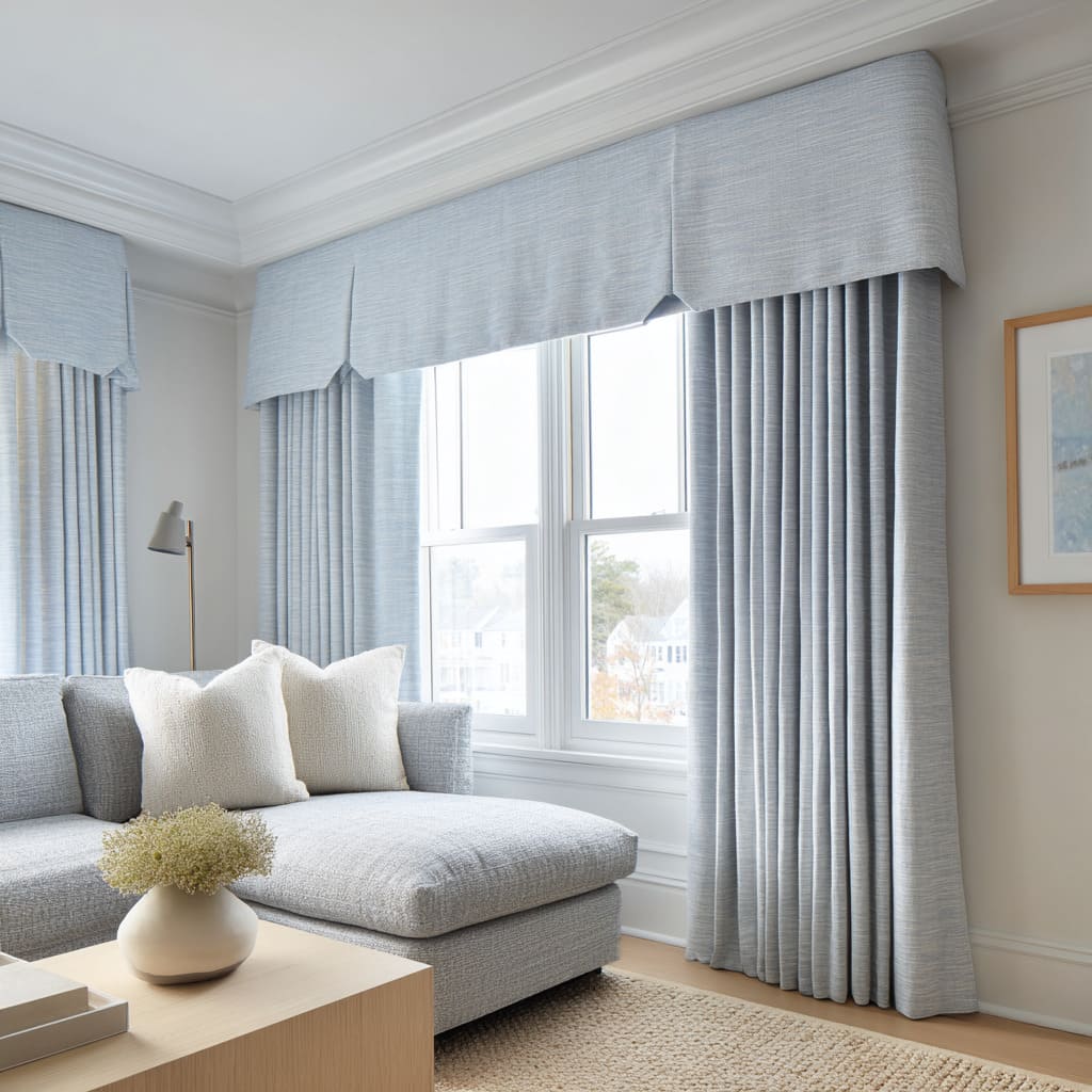 Soft blue architectural cornice with matching drapery in a calm seating area concept Soft blue architectural cornice with matching drapery in a calm seating area concept