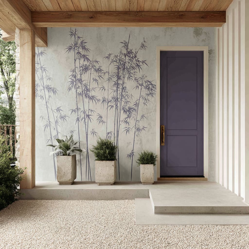 Soft concrete porch idea with violet door ink bamboo mural for quiet, gallery-like entry