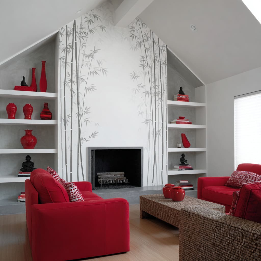 Soft gold bamboo panel behind a low, stone-edged fireplace zone give quiet luxury with a sun-washed mood Soft gold bamboo panel behind a low, stone-edged fireplace zone give quiet luxury with a sun-washed mood