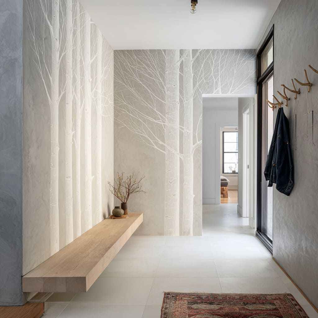 Soft greige entry design with wraparound birch mural corners + floating slab bench and coat hooks as a functional graphic
