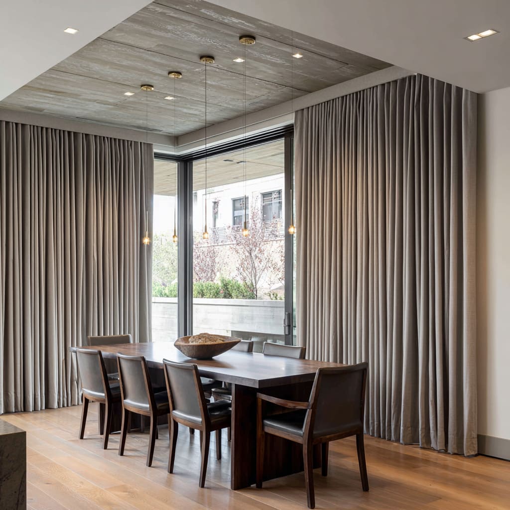 Stone-grey drapes framing a corner slider beside warm wood ceiling Stone-grey drapes framing a corner slider beside warm wood ceiling