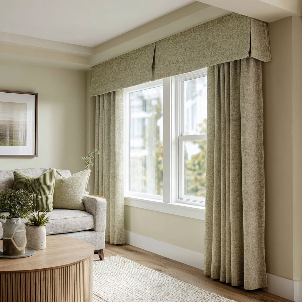 Straight-lined soft green cornice as quiet organizer Straight-lined soft green cornice as quiet organizer