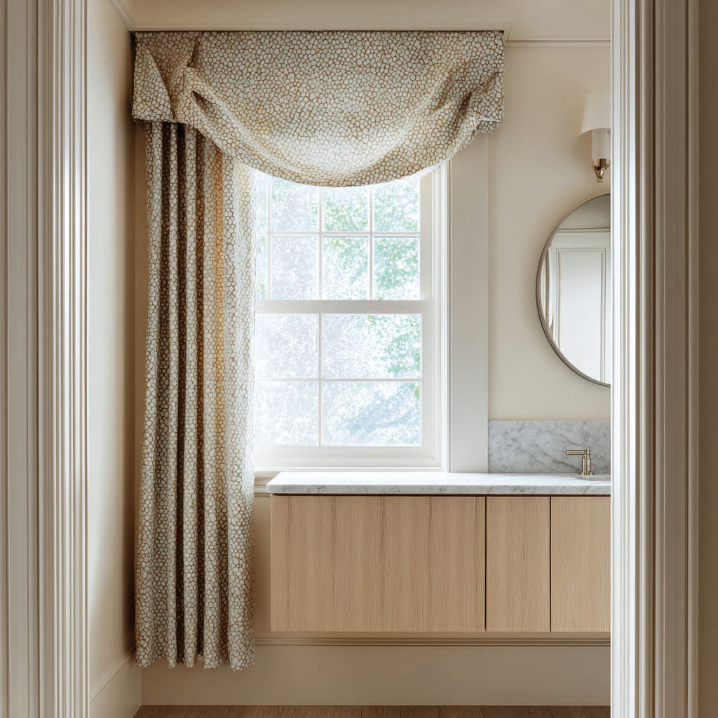 Valentina recta tipo pelmet con diminuto estampado de guijarros y un leve swag central sobre cortinas completas a juego Valentina recta tipo pelmet con diminuto estampado de guijarros y un leve swag central sobre cortinas completas a juego