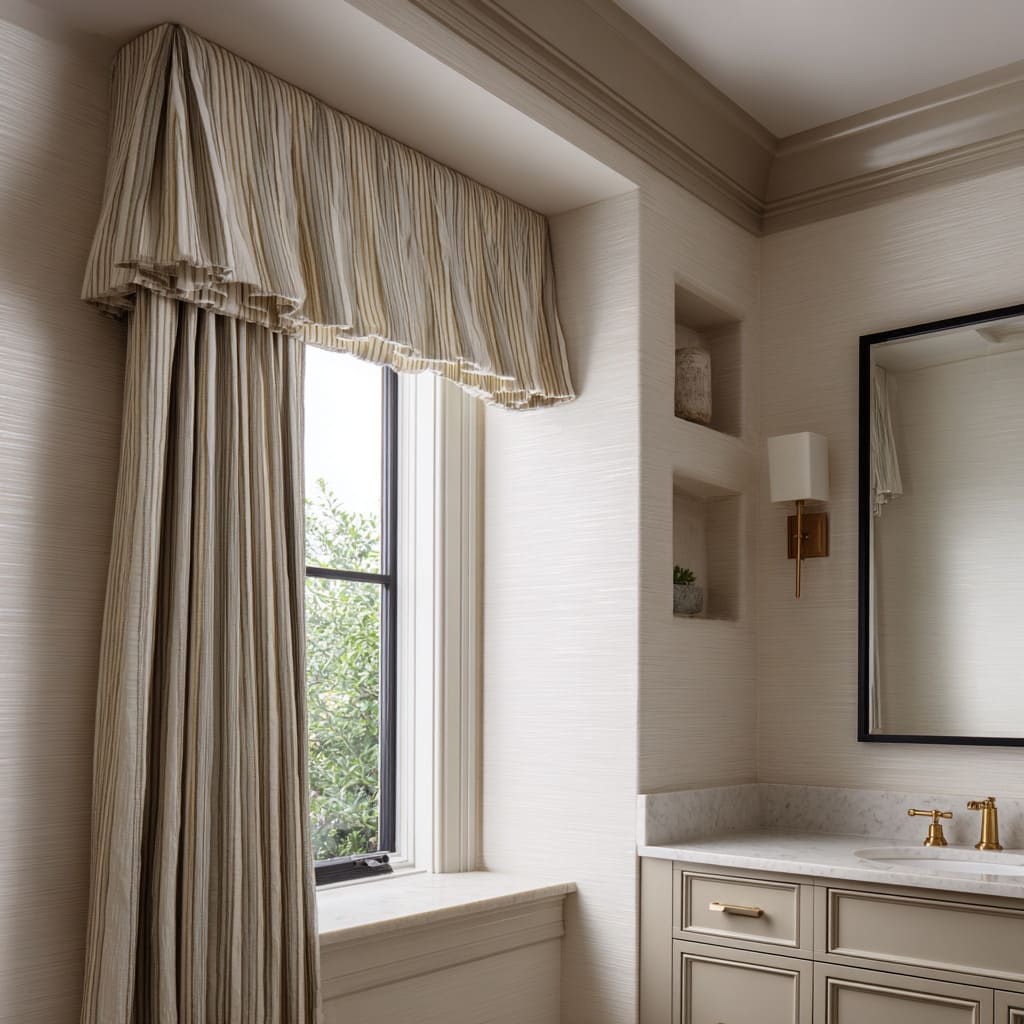 Valentina beige a rayas con bajo fruncido y cortinas largas a juego en un baño neutro con papel mural texturizado Valentina beige a rayas con bajo fruncido y cortinas largas a juego en un baño neutro con papel mural texturizado