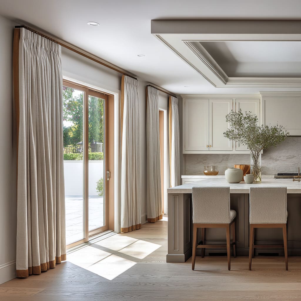 Structured drapery rhythm along a wall of openings Structured drapery rhythm along a wall of openings