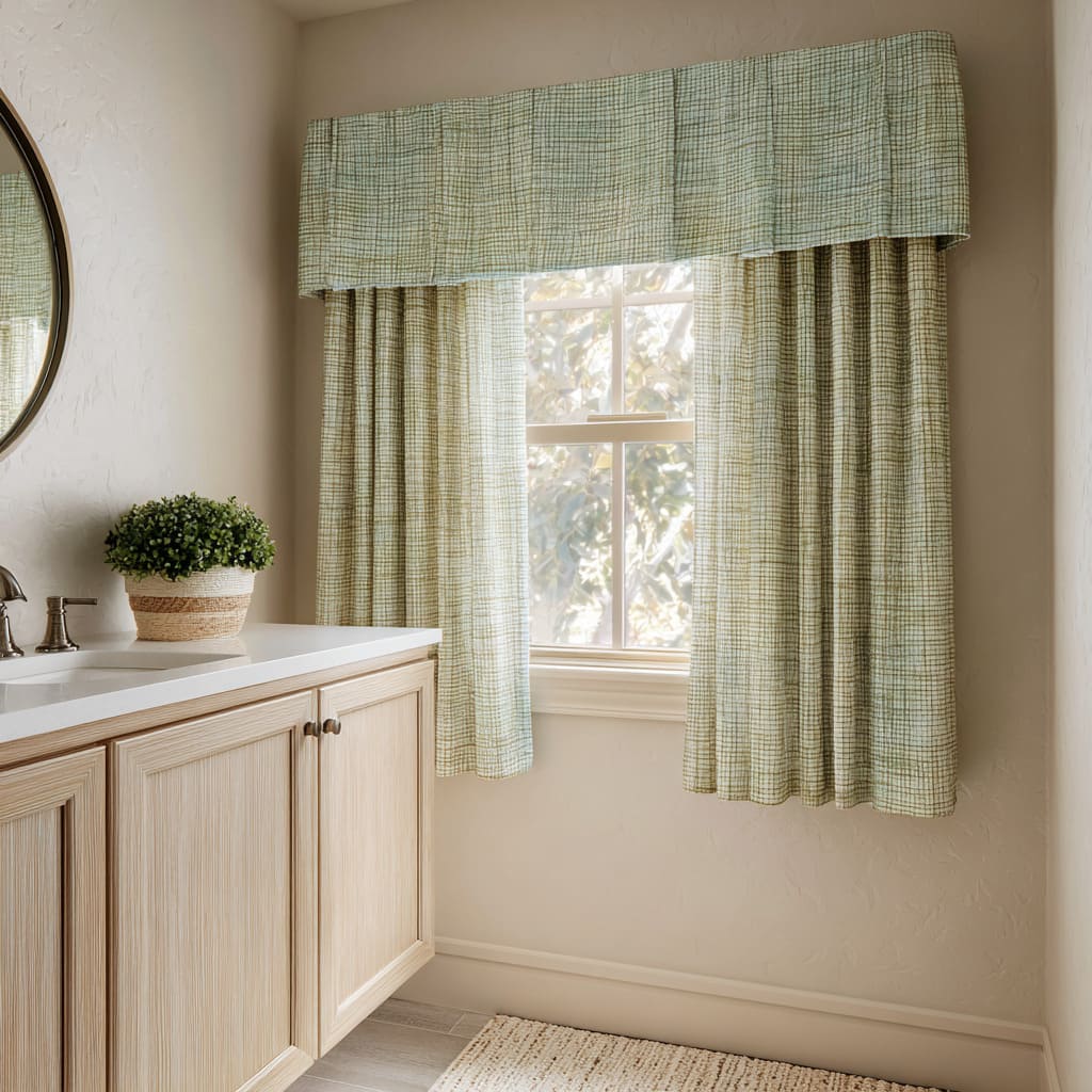 Valentina estructurada de cuadros verdes con cortinas cortas a juego en un baño beige acogedor con tocador de madera clara Valentina estructurada de cuadros verdes con cortinas cortas a juego en un baño beige acogedor con tocador de madera clara