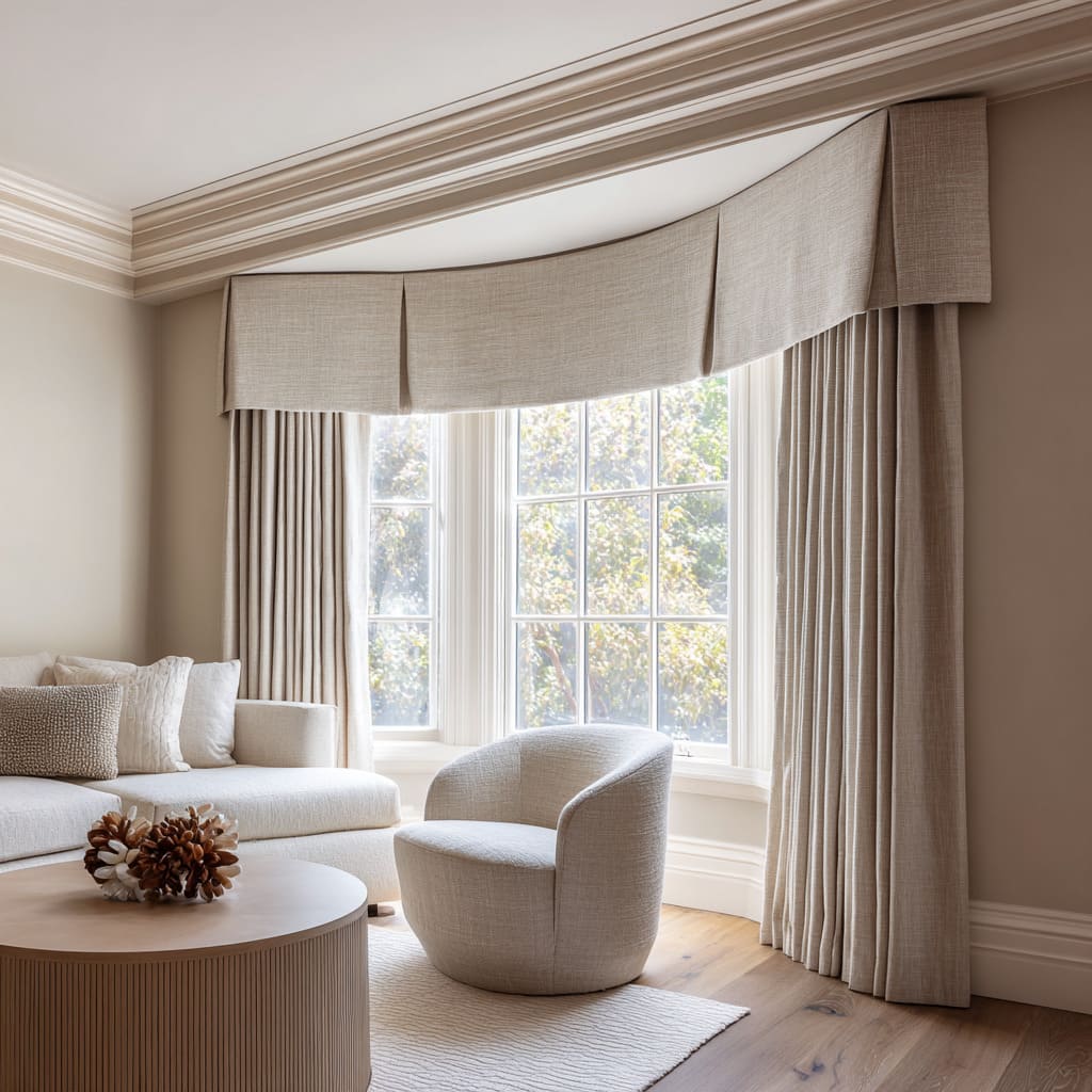 Structured neutral canopy with quiet folds over a classic bay