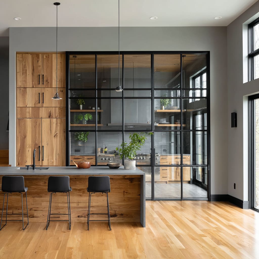 Stylish Black grid glass door between kitchen and living area Stylish Black grid glass door between kitchen and living area