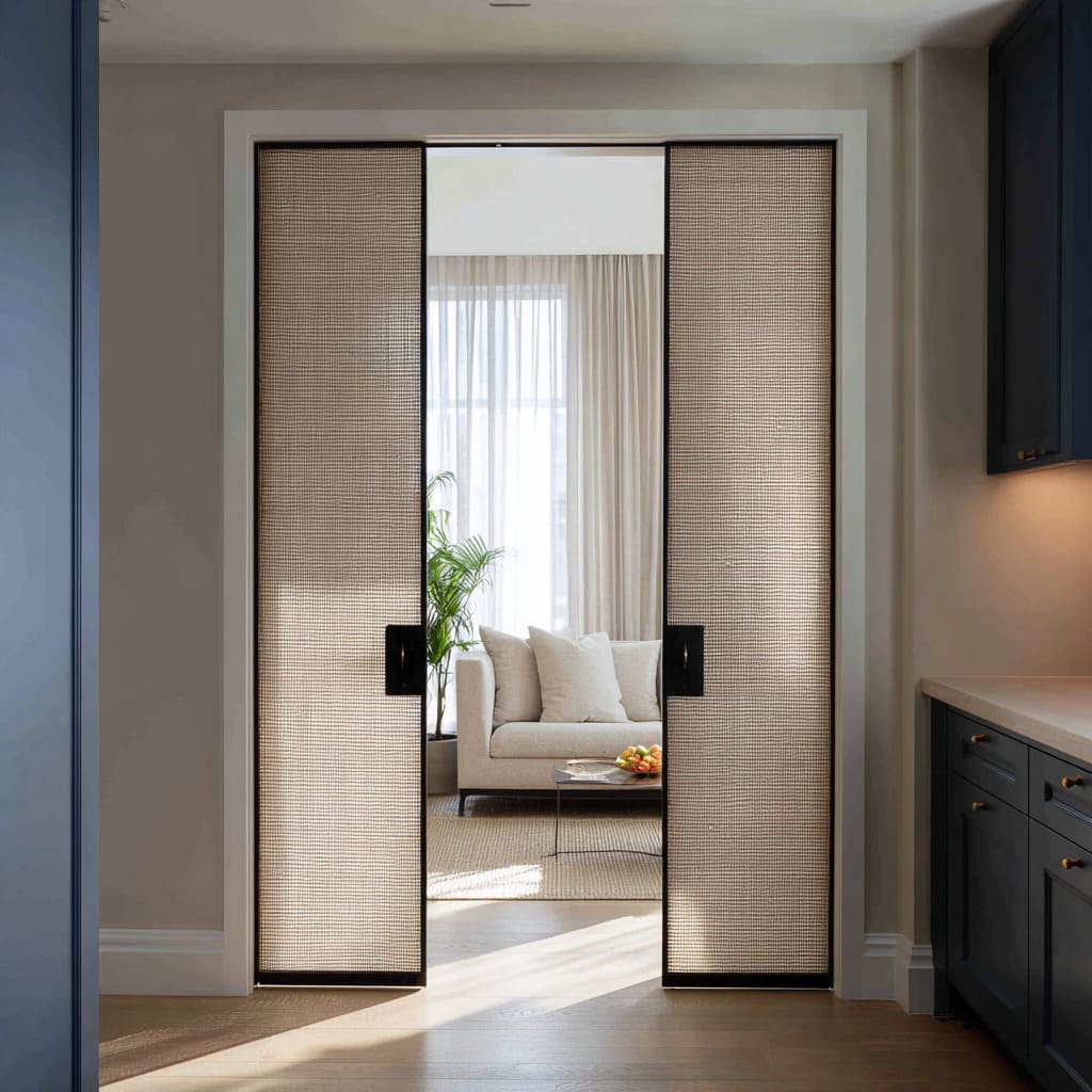 Stylish design with woven double pocket doors filtering light between a kitchen and soft, curtain-lit sitting room Stylish design with woven double pocket doors filtering light between a kitchen and soft, curtain-lit sitting room