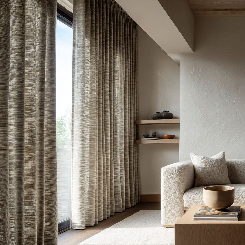 Stylish drapery emerging from a recessed track, paired with neutral furnishings, pale console Stylish drapery emerging from a recessed track, paired with neutral furnishings, pale console