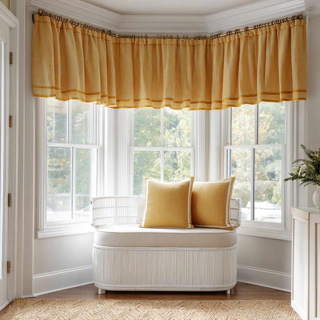 Sunny gathered cafe-style valance crowning a bright white bay Sunny gathered cafe-style valance crowning a bright white bay
