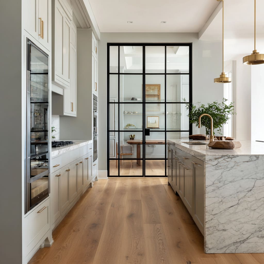 Symmetrical grid glass door framing study nook Symmetrical grid glass door framing study nook