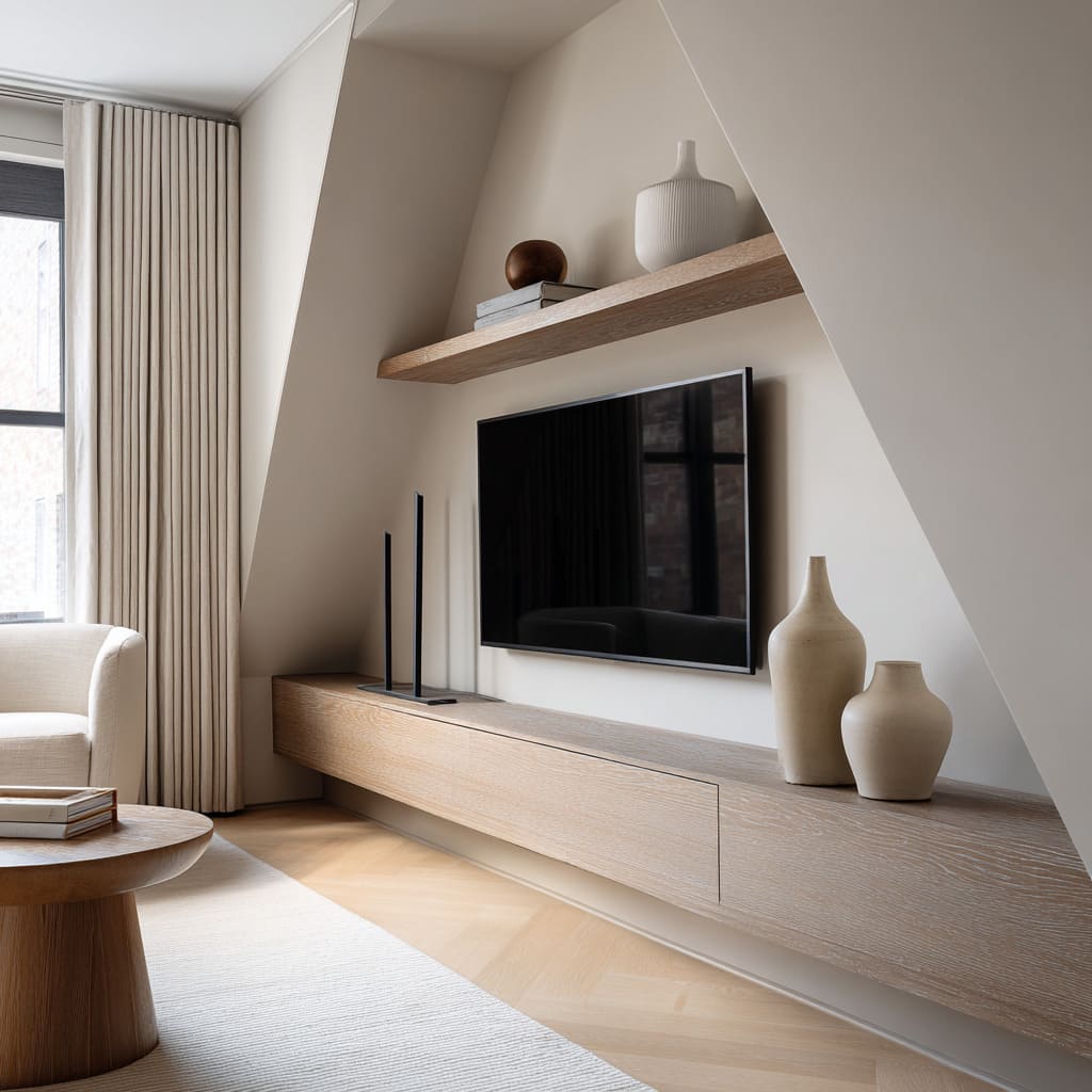 TV wall fitted into sloping architecture with a long floating oak console, thick wood shelf TV wall fitted into sloping architecture with a long floating oak console, thick wood shelf