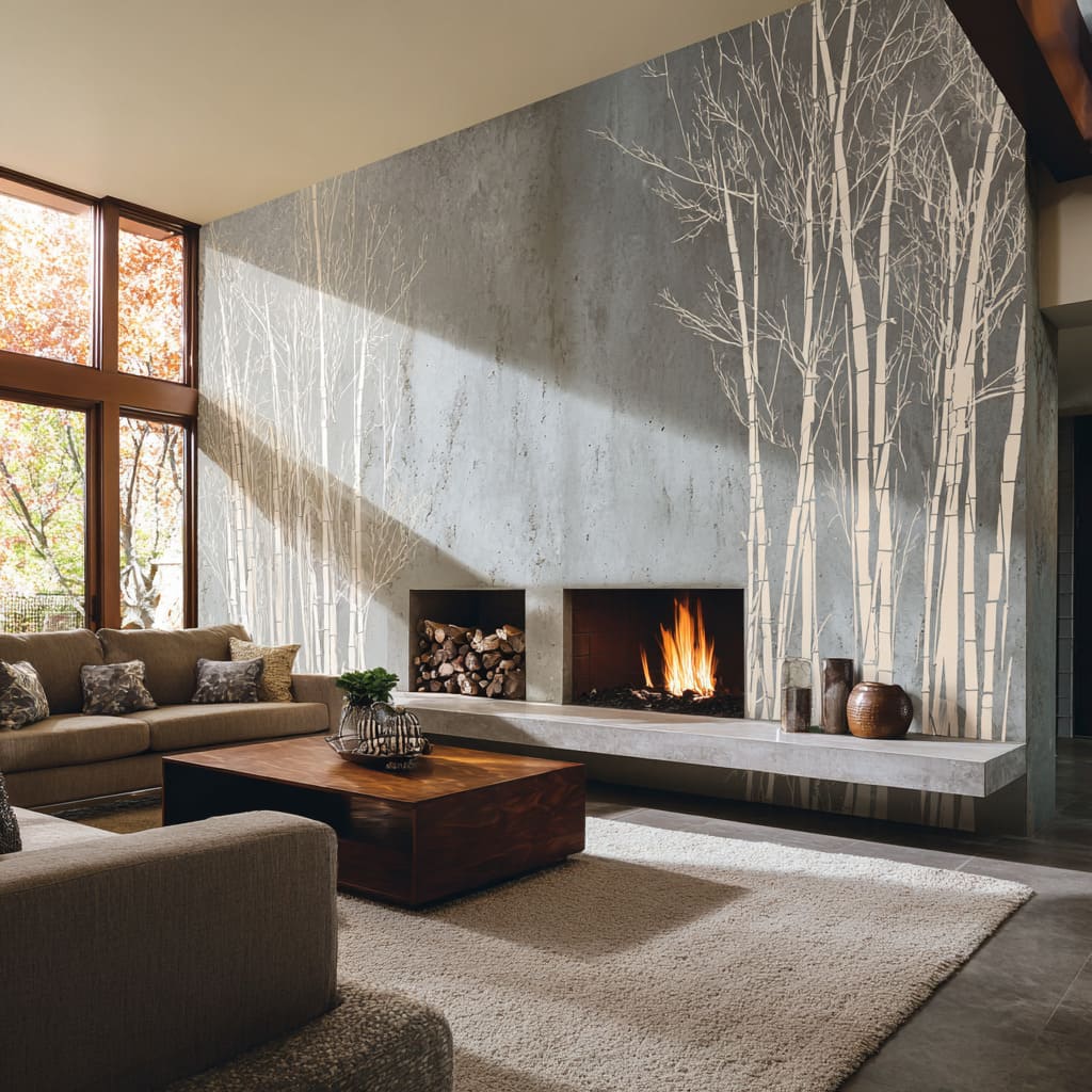 Tall gable-shaped mural wall with pale bamboo and a small fire opening with monumental scale made gentle by softness and emptiness Tall gable-shaped mural wall with pale bamboo and a small fire opening with monumental scale made gentle by softness and emptiness