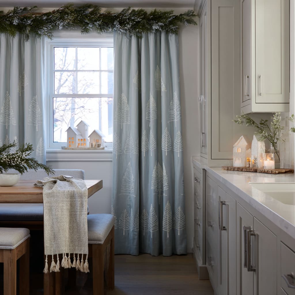 Tall icy-blue curtains printed with slim white winter trees frame a window glowed by tiny wooden house lanterns Tall icy-blue curtains printed with slim white winter trees frame a window glowed by tiny wooden house lanterns