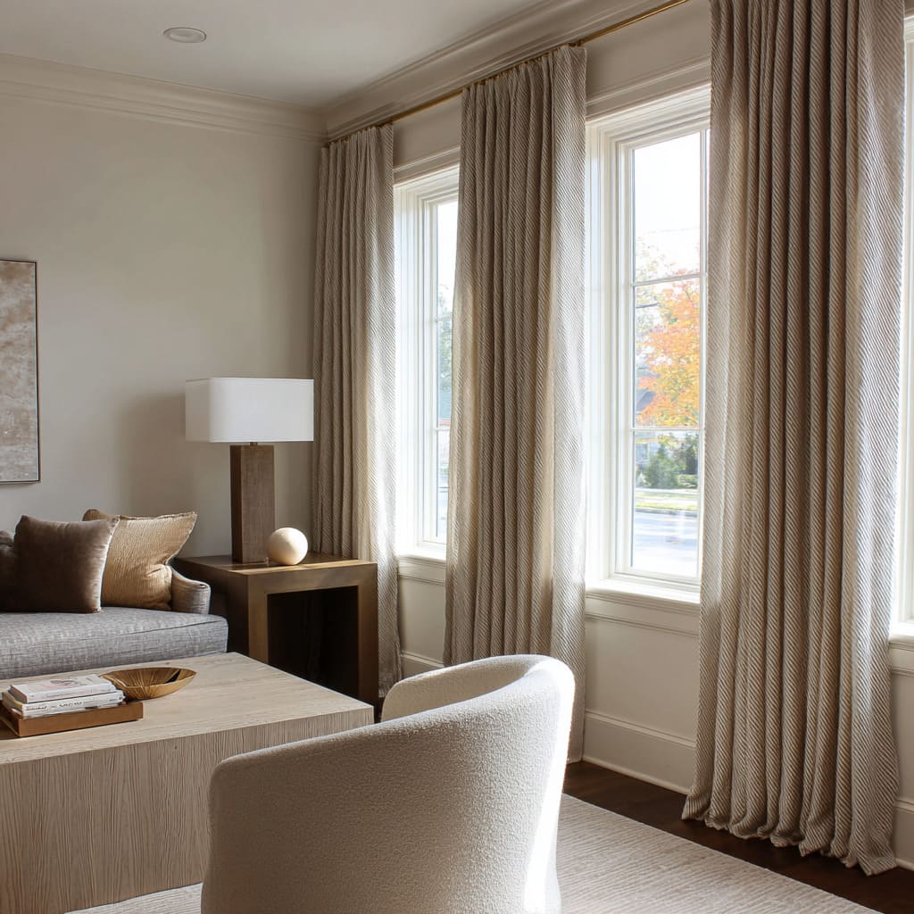 Taupe and stone textured drapery with subtle horizontal variation wrapping a modern living room corner design Taupe and stone textured drapery with subtle horizontal variation wrapping a modern living room corner design