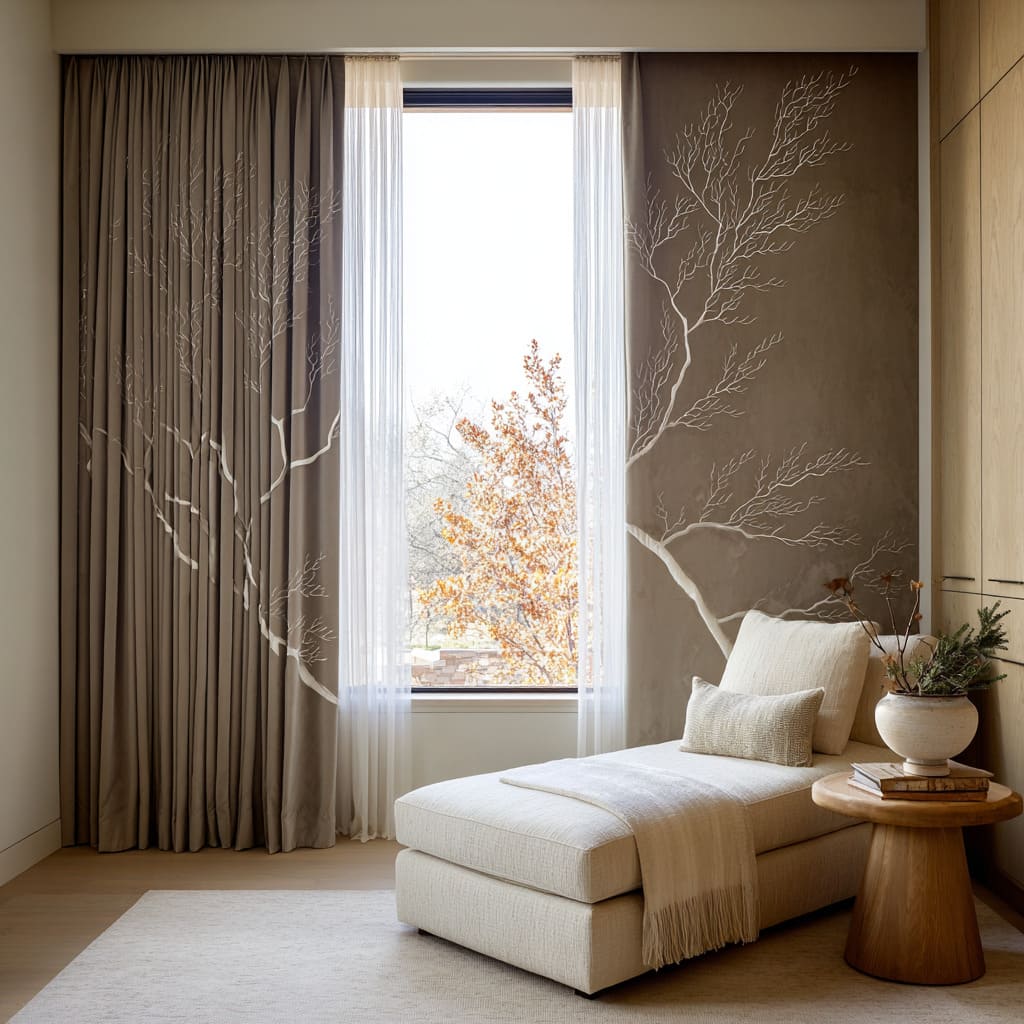 Cortinas topo con motivos de ramas claras combinadas con una pared tallada con ramas a juego, creando un fondo continuo de árboles tras una chaise crema Cortinas topo con motivos de ramas claras combinadas con una pared tallada con ramas a juego, creando un fondo continuo de árboles tras una chaise crema