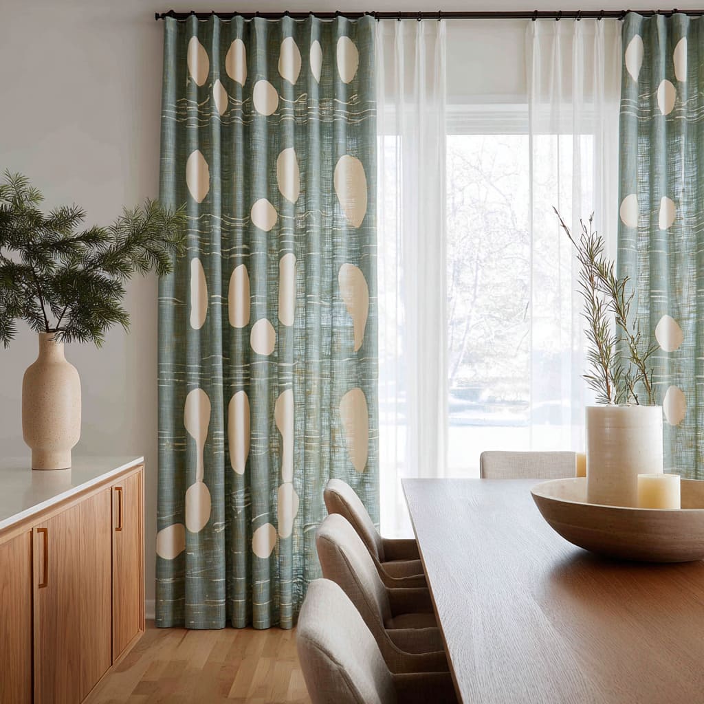 Ideas para comedor con cortinas verde azulado estampadas con grandes formas verticales marfil y acentos horizontales equilibrados Ideas para comedor con cortinas verde azulado estampadas con grandes formas verticales marfil y acentos horizontales equilibrados