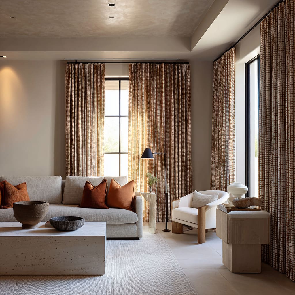 Terracotta-patterned drapery creating a warm vertical rhythm in a minimalist living room design with pale tile flooring Terracotta-patterned drapery creating a warm vertical rhythm in a minimalist living room design with pale tile flooring