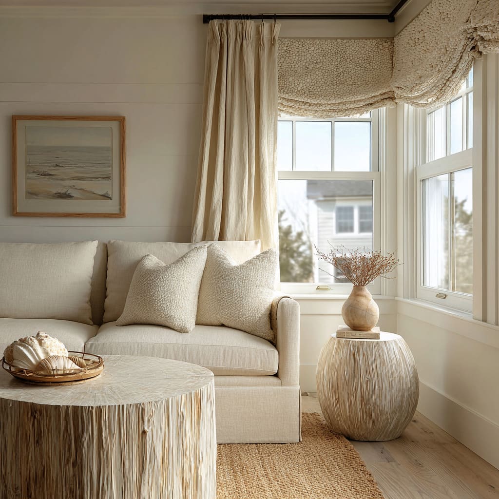 Textured Roman valance in a coastal corner layout with layered neutral fabrics Textured Roman valance in a coastal corner layout with layered neutral fabrics