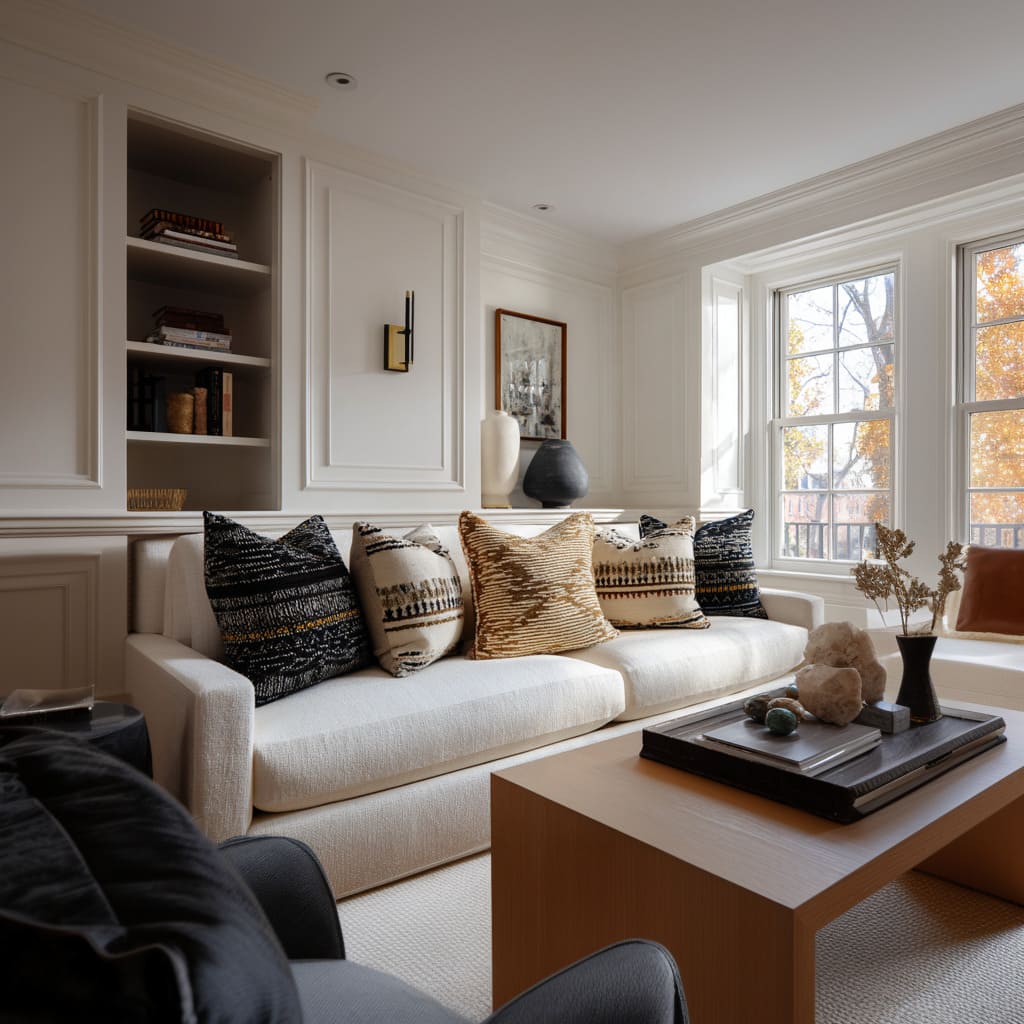 This beige sofa cushion setup solves one of the most common beige-sofa problems