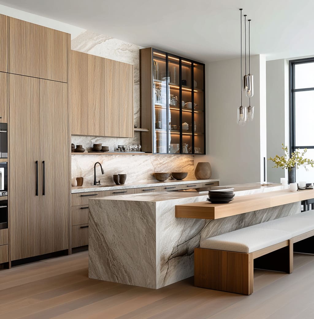 This bench idea is treated almost like part of the kitchen architecture rather than a separate piece of furniture This bench idea is treated almost like part of the kitchen architecture rather than a separate piece of furniture