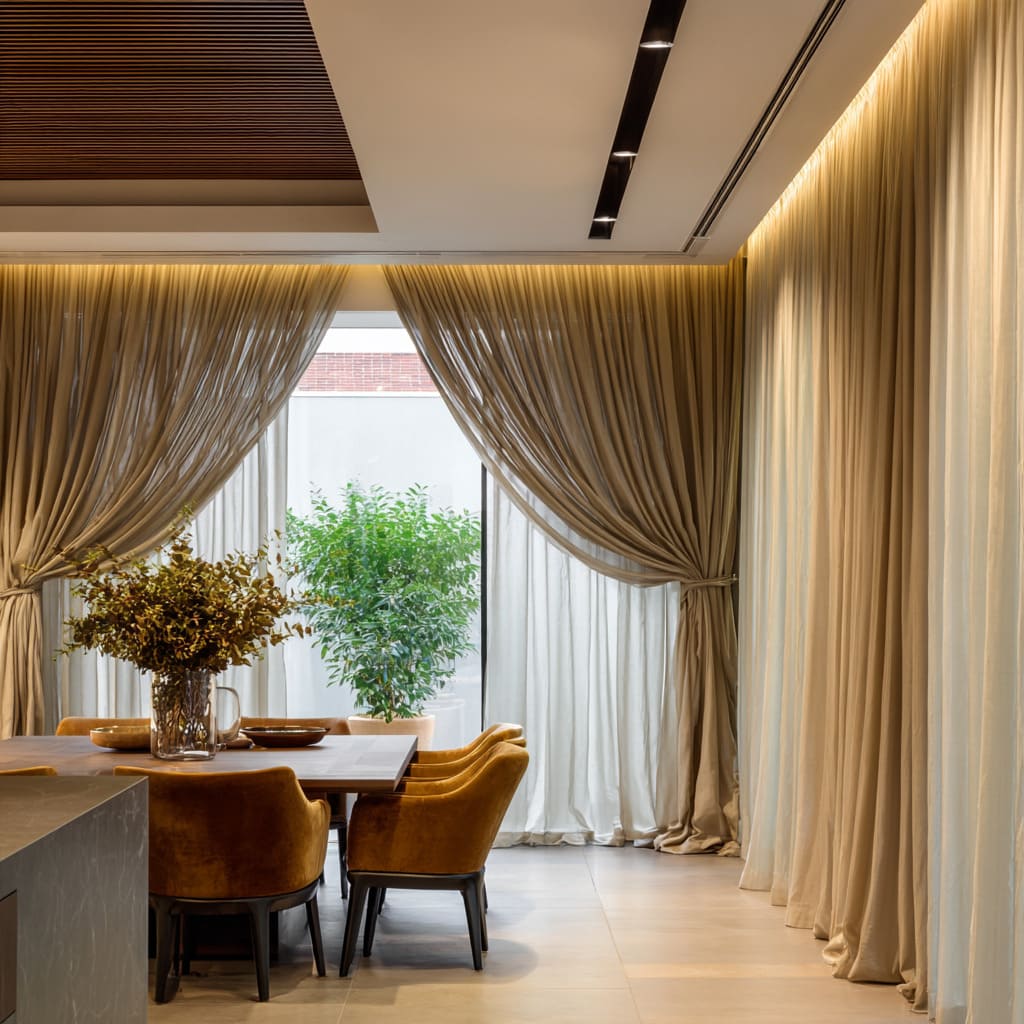 Tie-back drapes with warm cove light for a moody slider frame Tie-back drapes with warm cove light for a moody slider frame